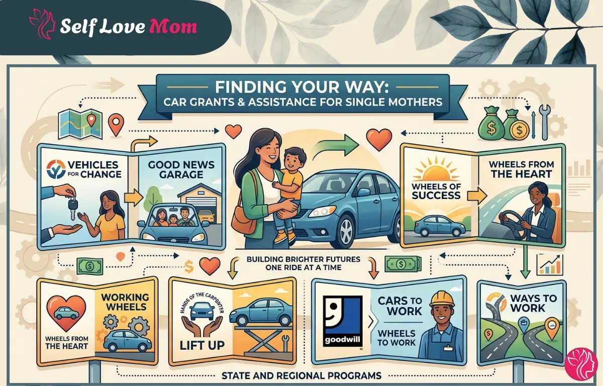 An informative infographic titled "Finding Your Way" displaying various car grant programs for single mothers, including logos for Vehicles for Change, Good News Garage, and Wheels of Success.