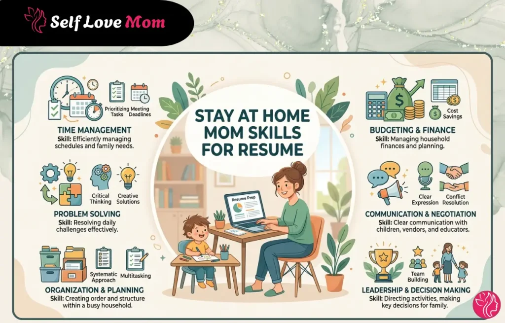 Infographic outlining professional stay at home mom skills for resume, featuring an illustration of a mother and child with sections on time management, budgeting, problem solving, communication, organization, and leadership.