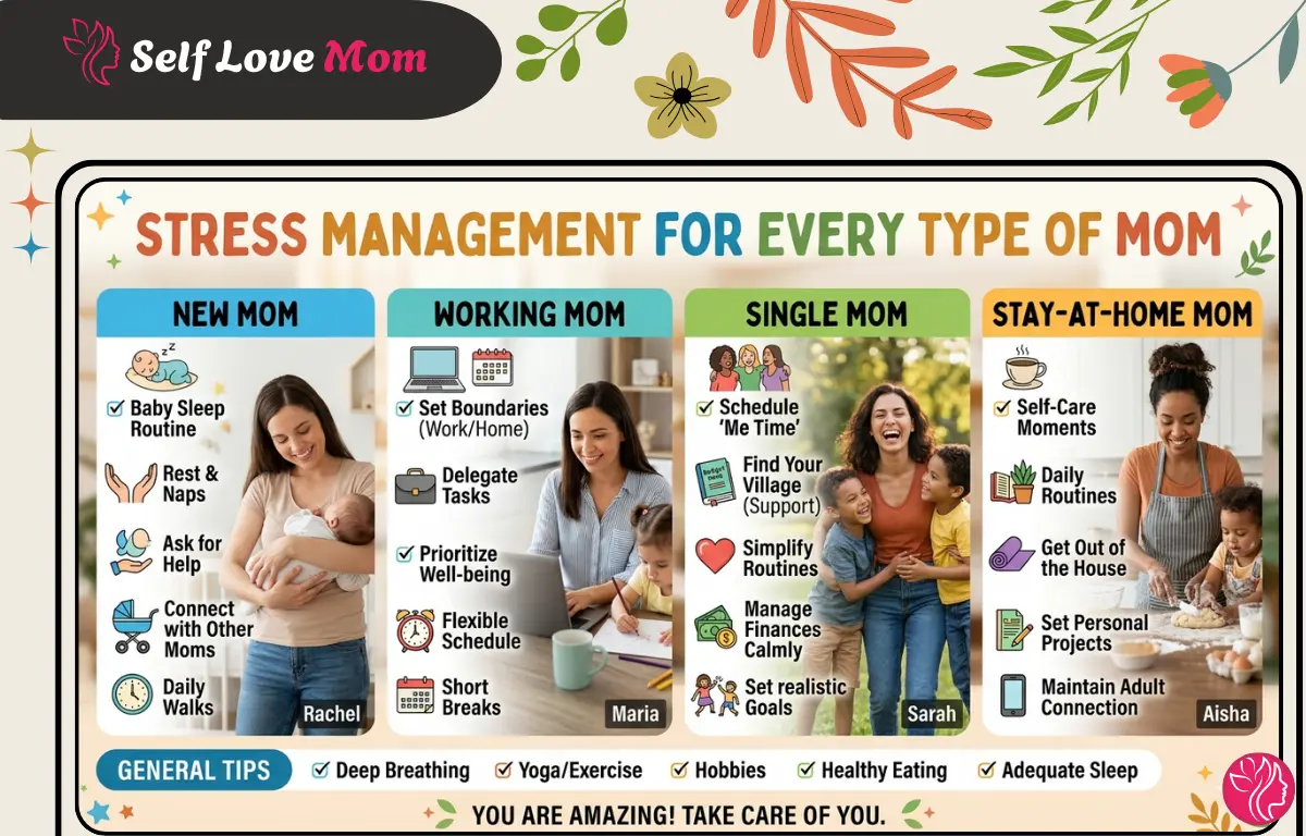 An infographic providing stress management tips tailored for four different types of mothers: New Moms, Working Moms, Single Moms, and Stay-at-Home Moms.