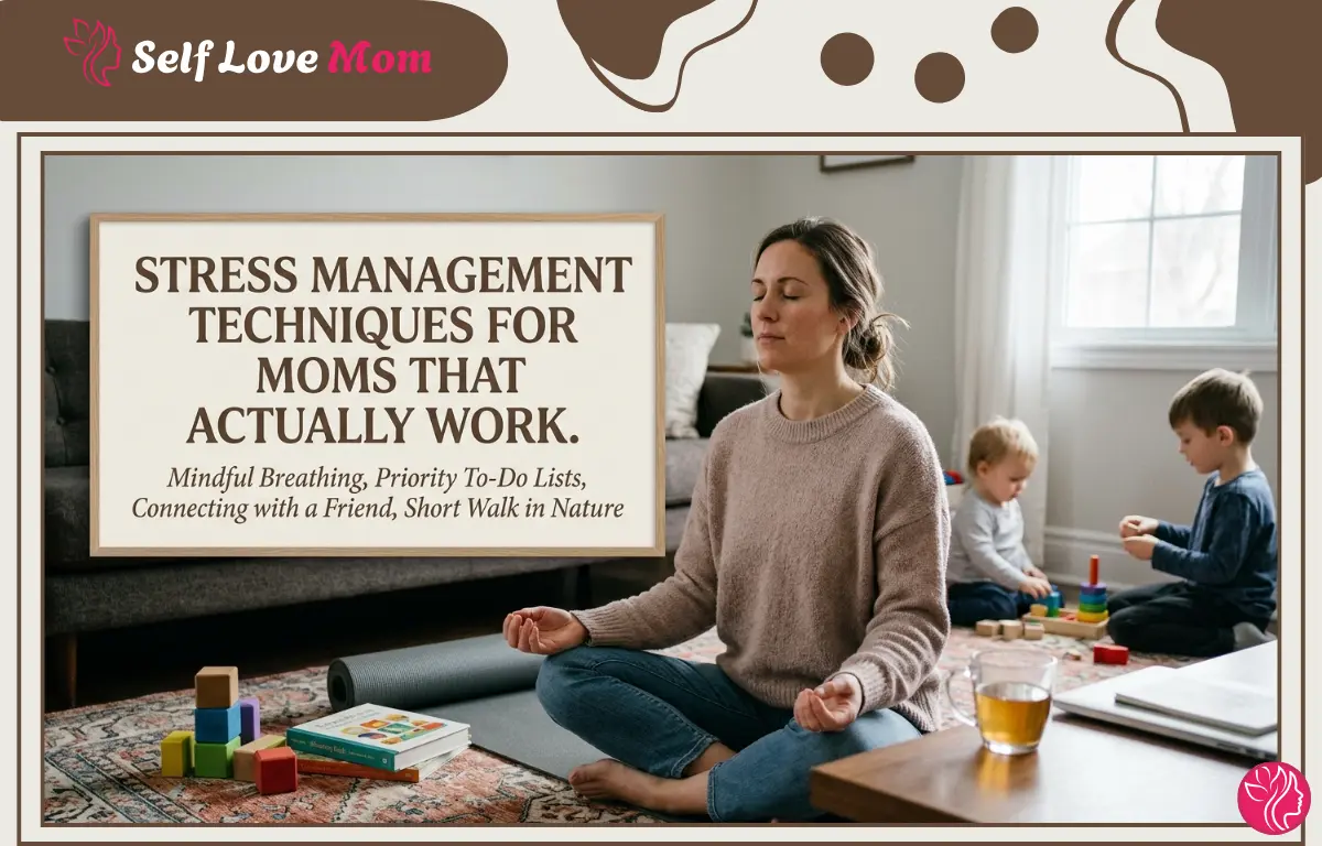 A calm mother practicing mindfulness at home with her children playing nearby, featuring stress relief tips.