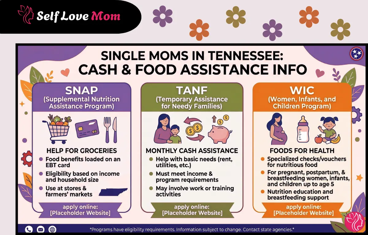 Infographic explaining cash and food assistance programs for single moms in Tennessee including SNAP, TANF, and WIC benefits and how to apply.